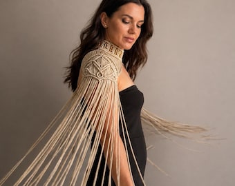 Cape d'épaule en macramé faite main avec longs glands, châle de mariée bohème, bijoux de festival
