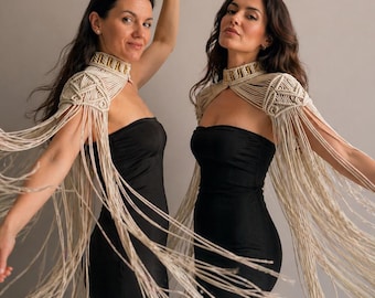 Macrame Shoulder Cape with Long Fringe, Statement Fiber Art Collar, Boho Bridal Shawl, Festival Outfit, Elegant Handmade Shoulder Jewelry