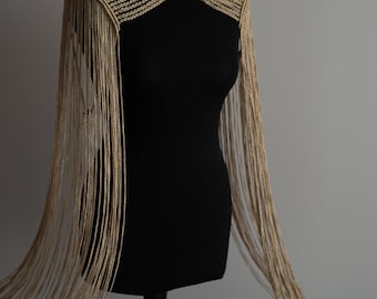 Gold Macrame Shoulder Necklace with Long Tassels, Evening Epaulettes