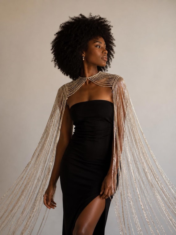 Champagne Cappuccino Shoulder Epaulettes with 80cm (31.5in)  Fringe, Beaded Shoulder Jewelry, Festival Shoulder Piece, Burning Man Outfit