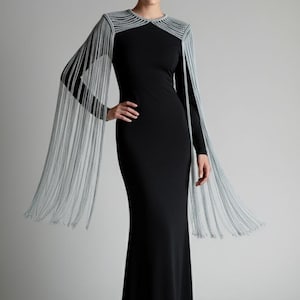 Silver Beaded Shoulder Necklace with Long Tassels, Evening Epaulettes