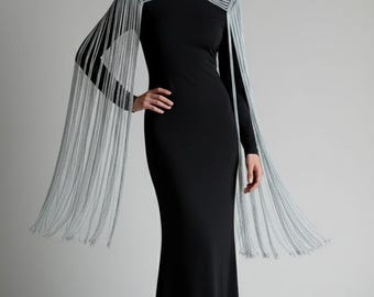 Silver Beaded Shoulder Necklace with Long Tassels, Evening Epaulettes