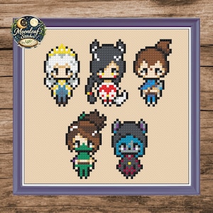 May include: Cross-stitch artwork featuring five pixelated figures with various outfits and accessories. The figures include a princess, a character with cat ears, and a ninja. The artwork is framed in a purple border and includes a Moonleaf Stitches logo.