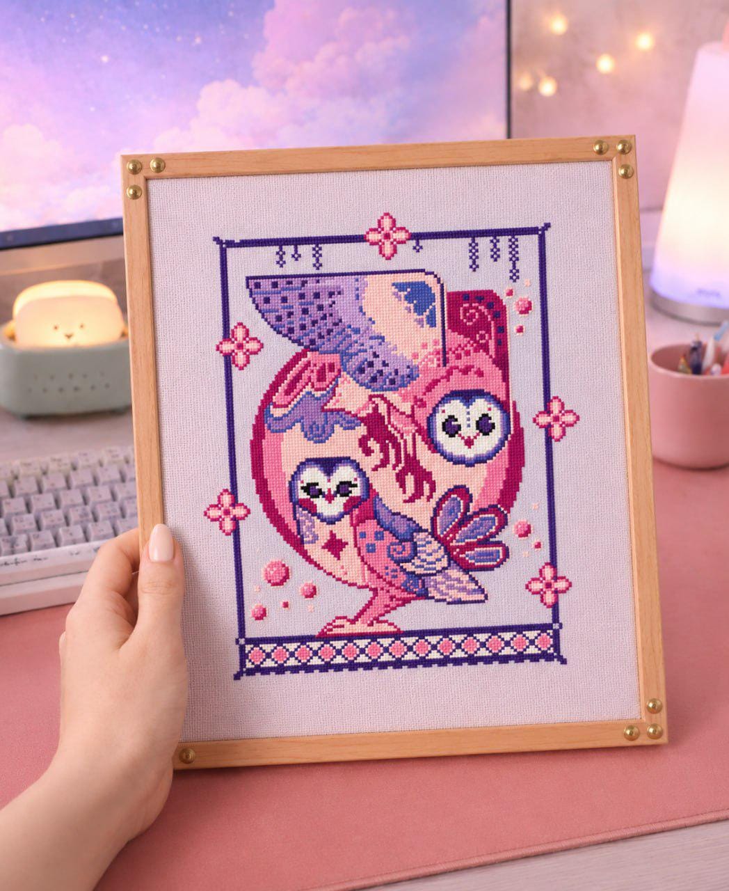 Art Nouveau Owl Cross Stitch Pattern, Fantasy Bird Embroidery, Pastel Beginner PDF (Instant Download