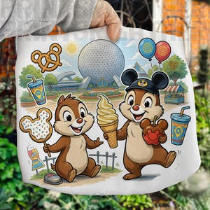 May include: White tote bag featuring Chip and Dale characters with food and the Spaceship Earth landmark. The illustration includes a pretzel, Mickey Mouse-shaped cookie, ice cream cone, and a Mickey Mouse-shaped caramel apple.
