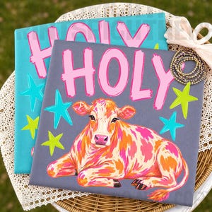 May include: Two square decorative pillows with the word "HOLY" in pink. One pillow is teal with pink text and turquoise stars. The other is gray with a colorful cow illustration, pink and orange accents, and turquoise and lime green stars.