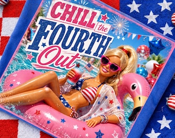 Chill the Fourth Out PNG、Funny Doll 4th of july png、Funny Patriotic doll Ice Drink Coffee、独立記念日、Retro USA Vibes、doll Summer PNG