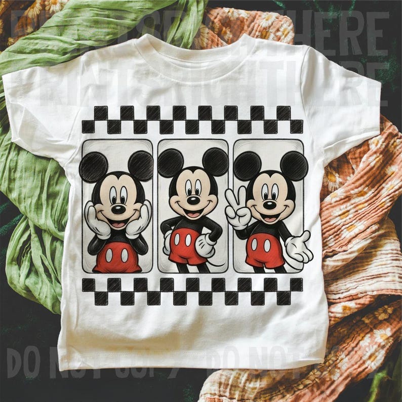May include: White t-shirt featuring three panels with Mickey Mouse in different poses. Mickey is wearing red shorts, white gloves, and black shoes. The shirt has a black and white checkered pattern at the top and bottom.