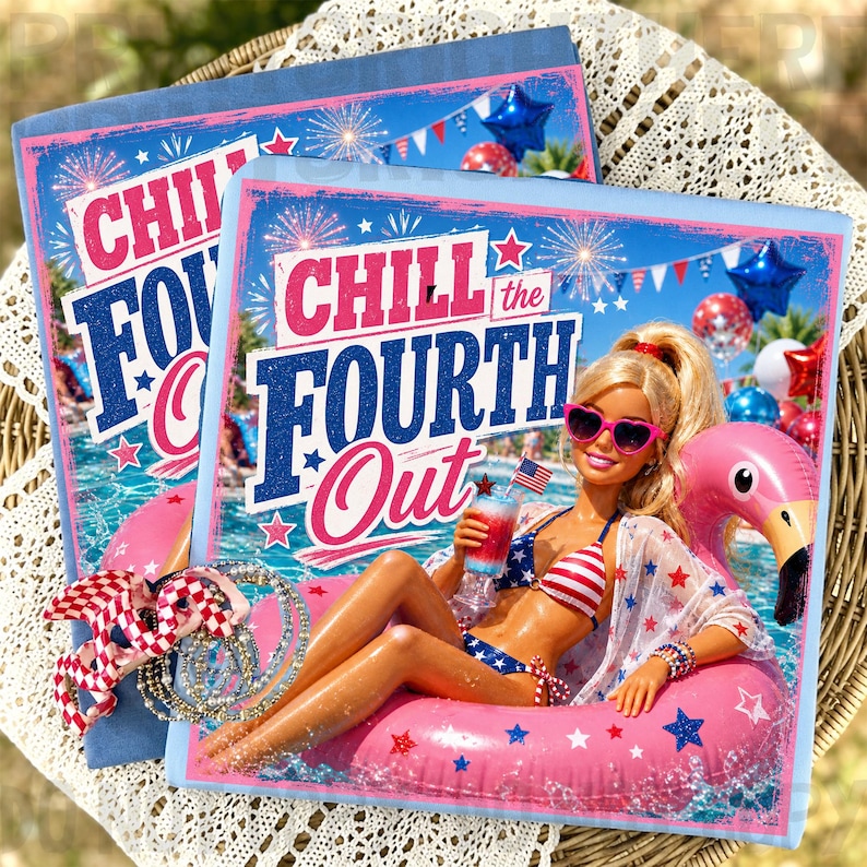 May include: Two blue notebooks with the text "CHILL the FOURTH Out" in red and blue. A doll wearing sunglasses and a patriotic bikini floats on a pink flamingo pool float, holding a drink with an American flag.