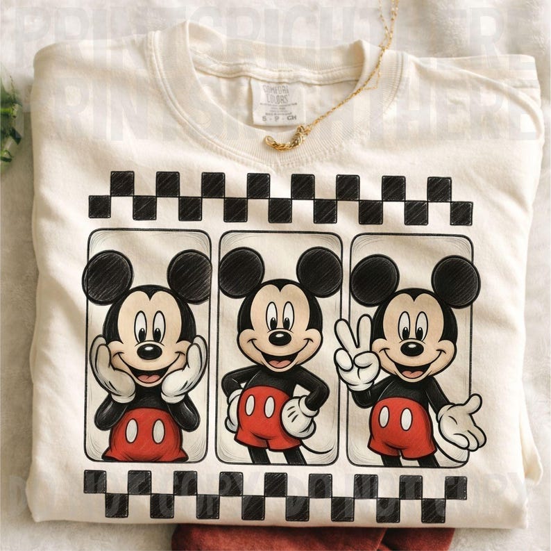 May include: Cream-colored sweatshirt featuring a graphic of Mickey Mouse in three different poses. Mickey is wearing red shorts, black gloves, and shoes. The design is framed by a black and white checkered pattern. A gold necklace is draped across the shirt.