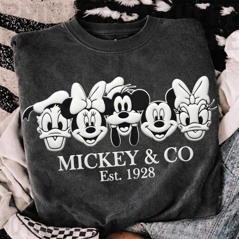 May include: Dark gray sweatshirt featuring the faces of Mickey Mouse, Minnie Mouse, Donald Duck, and Daisy Duck. The text "MICKEY & CO Est. 1928" is printed below the characters in white. A crew neck sweatshirt.