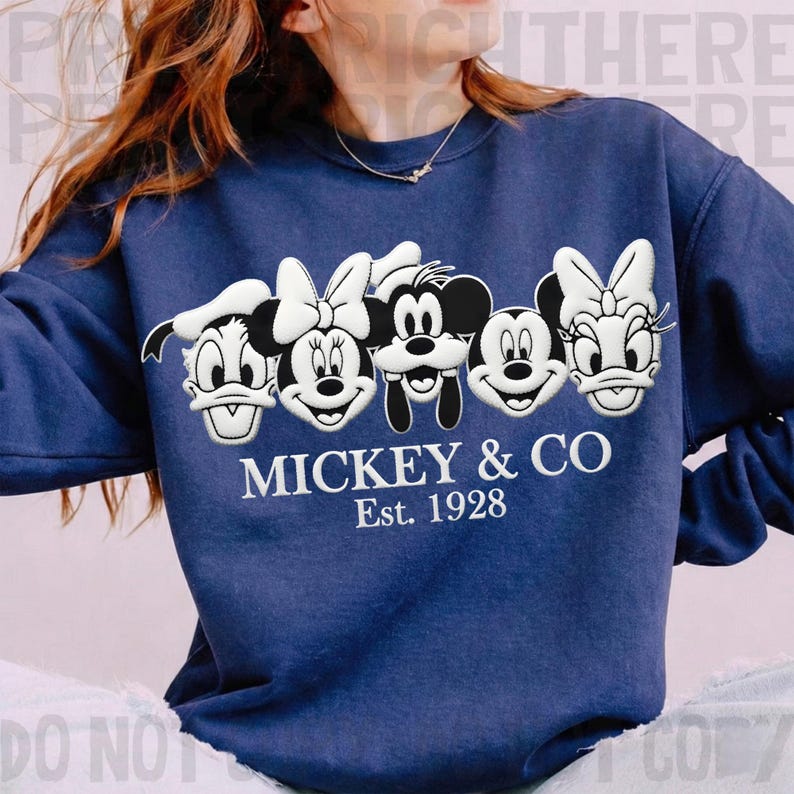 May include: A navy blue sweatshirt featuring embroidered images of Mickey Mouse, Minnie Mouse, Donald Duck, and Daisy Duck. The text "MICKEY & CO Est. 1928" is embroidered below the characters in white. The sweatshirt has long sleeves.