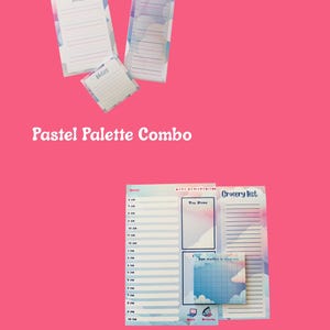 Puede incluir: Una colección de artículos de papelería en colores pastel, que incluyen blocs de notas y listas de tareas, sobre un fondo rosa. Los textos "Pastel Palette Combo" y "Cloud Nine Combo" son visibles. La papelería presenta diseños de nubes y cielo.