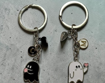 Matching Ghost Couple Keychains – Black White Ghosts with Initial Charms