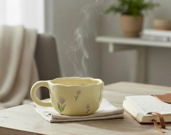 Puede incluir: Una taza de té de cerámica amarilla clara con un borde ondulado y un asa, adornada con motivos florales morados. La taza está sobre una servilleta blanca en una mesa de madera. Sale vapor de la taza.