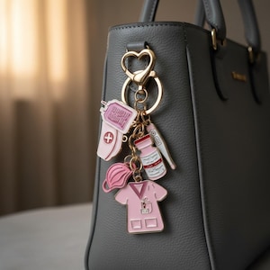 May include: A gold-toned heart-shaped keychain featuring multiple medical-themed enamel charms, including a pink blood bag, a pink face mask, a pink scrub top, a white vial, and a white thermometer, all attached to a grey textured handbag.