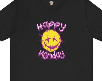 Happy Monday Grunge Smiley Face Office Tee: Dark Humor Neon Streetwear Unisex Shirt