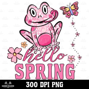 May include: A pink frog illustration with a floral pattern, a butterfly, and the words "hello SPRING" in a playful font. The frog has a long tongue and is surrounded by flowers. The image is a digital design.