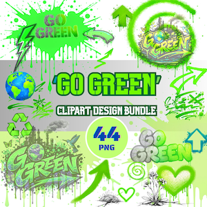 May include: A collection of green and gray graphic elements with the text "GO GREEN". The design includes arrows, a globe, a recycling symbol, and the words "CLPART DESIGN BUNDLE" and "44 PNG".