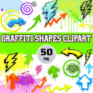 Könnte beinhalten: Eine Sammlung von Graffiti-Formen, darunter Pfeile, Blitze und Wirbel, in verschiedenen Farben wie Blau, Grün, Orange und Gelb. Der Text "GRAFFITI SHAPES CLIPART" wird über einem Kreis mit der Zahl "50" und den Buchstaben "PNG" angezeigt.
