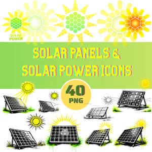Puede incluir: Gráfico con paneles solares e iconos de energía solar. La imagen incluye ilustraciones de paneles solares, soles y el texto "SOLAR PANELS & SOLAR POWER ICONS" y "40 PNG". La paleta de colores incluye amarillo, verde y negro.