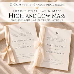 May include: Two 16-page wedding programmes for a Traditional Latin Mass, featuring black text on cream paper. One is tied with a smooth satin ribbon, the other with a textured fabric ribbon. Both display the names Francesca Marie and Anthony James.
