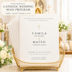 May include: A stack of white 8-page bilingual Catholic wedding mass programs with gold cross and text accents. The cover reads: 8-PAGE BILINGUAL CATHOLIC WEDDING MASS PROGRAM, THE NUPTIAL MASS CELEBRATING THE UNION OF, CAMILA SOFÍA MENDOZA & MATEO ALEJANDRO CASTILLO, SEPTEMBER 26, 2027 AT 4 O'CLOCK, ST. MICHAEL CHURCH, CHARLESTON, SOUTH CAROLINA.