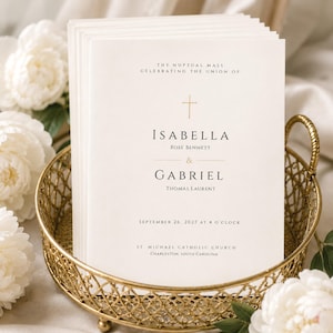 Plantilla de programa de boda católica, programa de misa editable en Canva, programa de ceremonia plegable en dos partes, Cruz Aurelia clásica, 5.5 x 8.5 A5