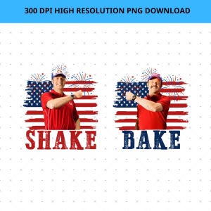 Pode incluir: Um design gráfico digital com dois homens vestindo camisas vermelhas e bonés, cada um posicionado em frente a uma bandeira americana estilizada com fogos de artifício. O texto vermelho SHAKE está à esquerda e o azul BAKE à direita.