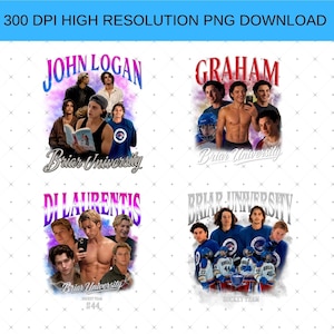 Peut inclure: Quatre designs graphiques numériques sur le thème de Briar University avec des portraits en collage de jeunes hommes, certains torse nu ou en équipement de hockey, incluant les textes John Logan, Graham, Di Laurentis et Briar University.