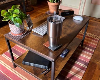 Industrial Two-Tier Coffee Table, Black Wood Metal Living Room Furniture
