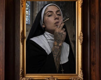 Tattooed Nun Smoking Art Print – Gothic Tattoo Wall Art, Alternative Religious Portrait, Dark Inked Woman Poster