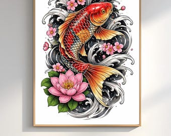 Japanese Koi Fish Tattoo Art Print – Lotus & Cherry Blossom