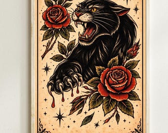 Traditional Panther Tattoo Print, American Flash Art, Vintage Black Panther Poster