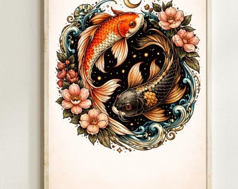 Twin Koi Fish Yin Yang Tattoo Print, Japanese Floral Wall Art Poster