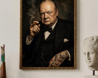 Winston Churchill Wall Art Print, Tattooed Portrait Poster, Dark Academia British History Office Decor