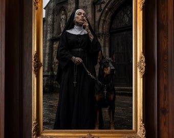Tattooed Nun and Doberman Print, Gothic Tattoo Inspired Wall Art