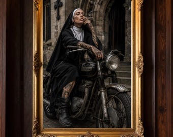 Tattooed Nun Motorcycle Art Print Gothic Tattoo Inspired Wall Decor
