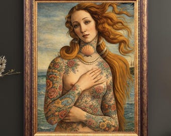 Tattooed Venus Print, Renaissance Tattoo Art, Floral Goddess Poster