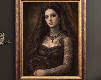 Gothic Tattooed Bride Portrait, Dark Victorian Wedding Art Print