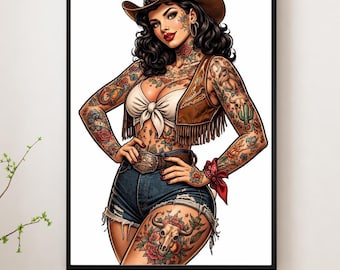 Tattooed Cowgirl Pin Up Art Print, Western Flash Style Wall Art