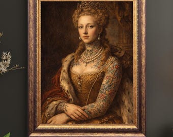 Baroque Tattooed Queen Portrait Print, Gothic Royal Artwork, Dark Academia Decor Poster