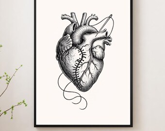 Stitched Heart Art Print – Tattoo Inspired Anatomical Heart Illustration