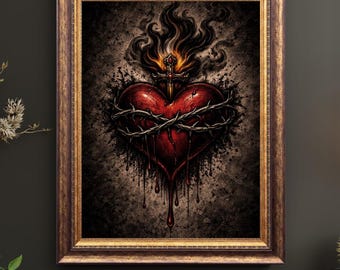 Sacred Heart Tattoo Art Print – Gothic Flaming Poster