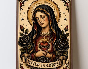 Mater Dolorosa Wall Art Print, Traditional Tattoo Madonna Poster, Sacred Heart Gothic Catholic Decor