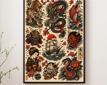 Japanese Tattoo Flash Print, Irezumi Art Poster, Dragon Samurai Koi Wall Art