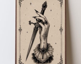 Dagger Hand Tattoo Print, Gothic Victorian Knife Wall Art, Blackwork Illustration, Dark Academia Decor