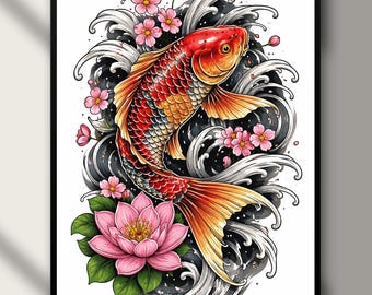 Japanese Koi Fish Tattoo Art Print – Lotus & Cherry Blossom