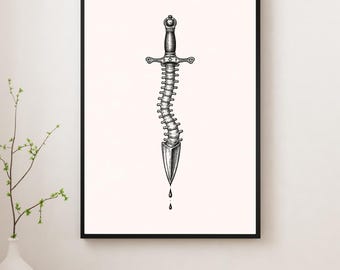 Spine Dagger – Dark Anatomical Ink Illustration Print, Gothic Minimal Wall Art