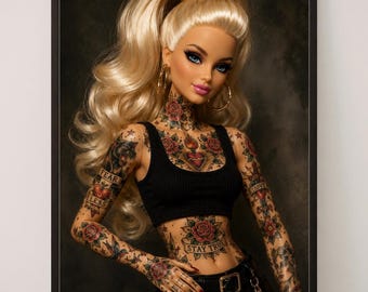 Tattooed Barbie Doll Print, Traditional Tattoo Art, Alternative Fashion Poster